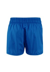 Pantaloni da bagno blu realizzati in tessuto leggero e resistente all'acqua. Presentano un elastico in vita e una superficie liscia senza motivi visibili.