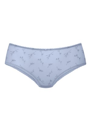 Light blue lace-trimmed women's underwear with small floral embroidery and a tiny central button on the waistband.
