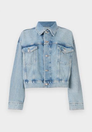 Light blue denim jacket with a cropped design, featuring two chest pockets, a collar, and silver-tone buttons. Smooth texture and casual style.