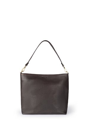 Dark brown leather shoulder bag with single strap and subtle gold-tone hardware, rectangular shape with slightly rounded bottom edges.