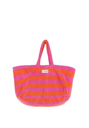 Grand sac fourre-tout avec des rayures horizontales roses et orange et deux anses, fabriqué en tissu doux semblable à une serviette.