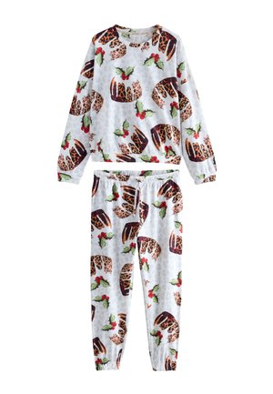 Tweedelig pyjama-set met een witte achtergrond en een feestelijk patroon van kerstpuddingen en hulst, gemaakt van zachte stof, met elastische tailleband.