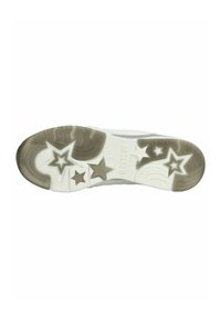 Suola della scarpa con un design testurizzato, caratterizzata da una base in gomma bianca e accenti beige, include motivi a forma di stella di diverse dimensioni.