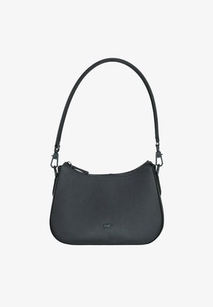 Borsa a tracolla in pelle nera con forma rettangolare curva, chiusura superiore con zip, tracolla removibile e piccolo logo a forma di animale al centro frontale.