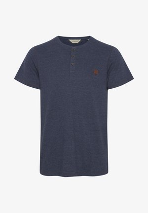 Navy blue short-sleeve shirt with a henley neckline, three buttons, and a small brown logo patch on the left chest. Soft fabric texture.