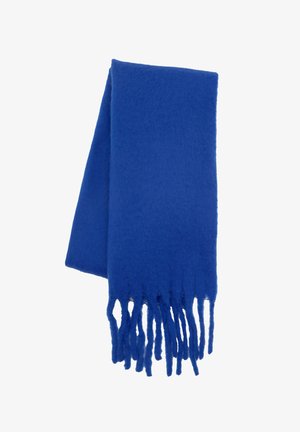Blue wool scarf with a soft texture, featuring fringed ends. The design is classic and rectangular, emphasizing its vibrant color.