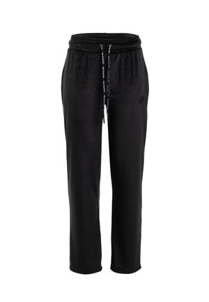 Mustad sirged dressipüksid elastse vöökohaga ja mustade nöörikestega, millel on valge trükitud tekst ning väike logo reiel.