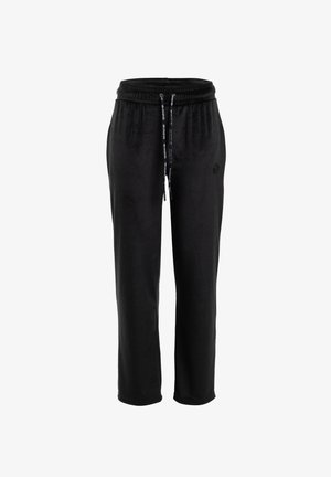 Zwarte sweatpants met rechte pijpen, elastische tailleband en zwarte trekkoorden met witte opdruk, en een klein logo op de dij.