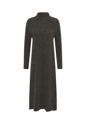 Abito midi a maglia grigio scuro con maniche lunghe, scollatura alta e una vestibilità morbida.
