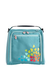 Turkusowa torba z teksturowanej tkaniny, wyposażona w dużą przednią kieszeń, dwa suwaki oraz kolorowy geometryczny wzór w dolnym rogu.