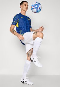 Maglia sportiva blu e gialla a fantasia abbinata a pantaloni corti bianchi, calze bianche fino al ginocchio e scarpini da calcio neri e bianchi; giocatore che palleggia un pallone.