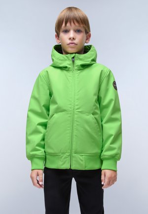Green, zippered jacket with a hood, made of smooth, lightweight fabric. Features front pockets and a circular logo on the upper sleeve.