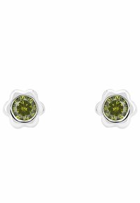 Orecchini a forma di fiore in argento con gemme rotonde verdi al centro, che evidenziano dettagli intricati di taglio e chiarezza.
