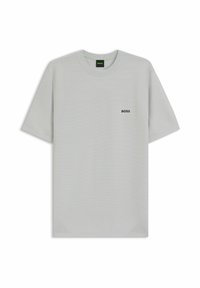Light gray short-sleeve t-shirt with textured fabric, featuring a black "BOSS" logo on the left chest and a crew neckline.