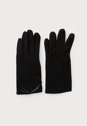 Sorte uldhandsker med en glat tekstur, forlængede fingre og en sløjfedetalje ved håndleddet. Kompakt design til varme og stil.
