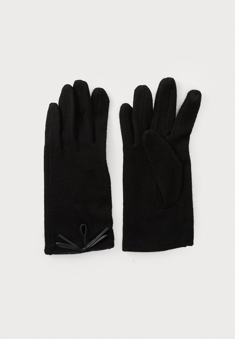 Sorte uldhandsker med en glat tekstur, forlængede fingre og en sløjfedetalje ved håndleddet. Kompakt design til varme og stil.