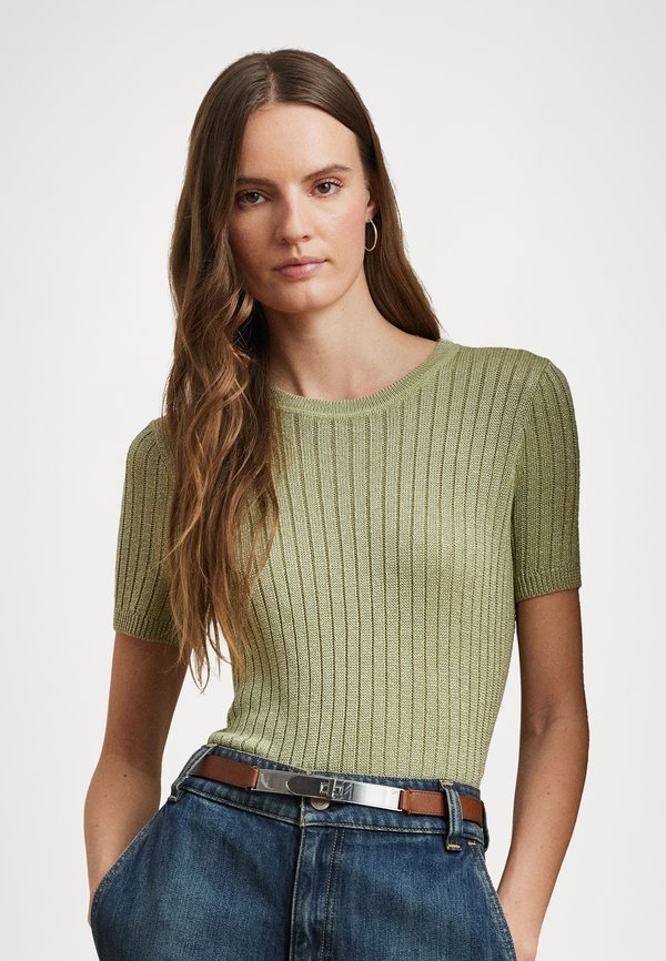 METALLIC RIB KNIT SHORT SLEEVE SWEATER - Print T-shirt - light olive