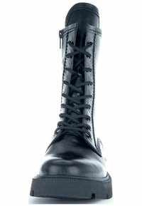Lace-up black leather boot with a smooth finish, rounded toes, and a durable rubber sole. Features side zipper and sturdy laces.