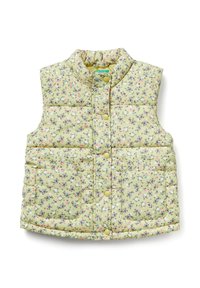 Wypełniona kamizelka bez rękawów w jasnym zielonym kolorze z kwiatowym wzorem, na którym znajdują się małe różowe i fioletowe kwiaty. Zawiera dwie przednie kieszenie oraz napy.