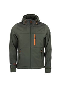 Grüne Softshelljacke mit einem Reißverschluss vorne, orangen Akzenten, zwei Seitentaschen, einer oberen Reißverschlusstasche und einem strukturierten Design auf den Schultern.