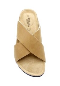 Sandale mule en cuir marron clair avec des brides croisées, une texture douce semblable au daim, un design à bout ouvert et une semelle plate. Taille 42 indiquée à l'intérieur.