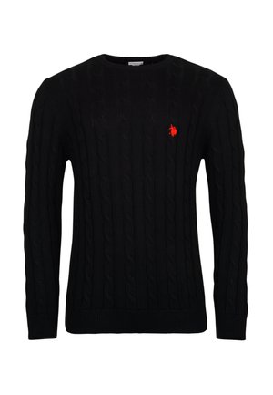Pull en maille noir avec un motif en relief, col rond et tissu texturé. Présente un petit emblème rouge sur la poitrine gauche. Manches longues.