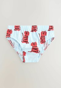 Slip da bagno azzurro chiaro con un motivo di tigri a strisce rosse e nere, tessuto elasticizzato, cintura elastica e una texture liscia.
