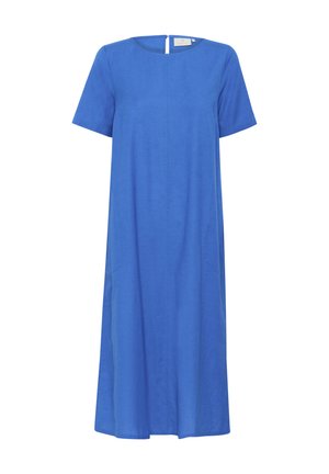 Sinist värvi lühikeste varrukatega kleit, mis on valmistatud siledast kangast. Omaduseks on ümmargune kaelus, põlveni ulatuv lõige ja peened küljetaskud. Tagaküljel lukuga detail.