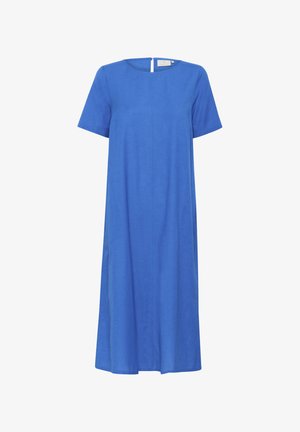 Sinist värvi lühikeste varrukatega kleit, mis on valmistatud siledast kangast. Omaduseks on ümmargune kaelus, põlveni ulatuv lõige ja peened küljetaskud. Tagaküljel lukuga detail.