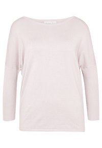 Pull oversize rose clair en tissu tricoté doux, doté d'une encolure large et de manches trois-quarts avec des détails en côtes.