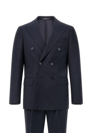Marineblauer, doppelt gefütterter Anzug mit Nadelstreifenmuster, mit eingewebten Revers, zwei vorderen Taschen und sechs Knöpfen. Taillierte Passform, glatte Stoffstruktur.