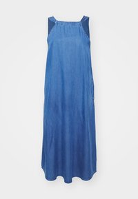 Denim ermeløs kjole i en ensfarget blå farge, med rund hals og sidelommer, i en løs A-linje silhuett.