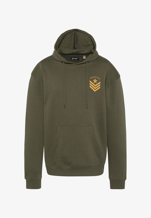 Felpa con cappuccio verde oliva in cotone, con tasca frontale, cappuccio con coulisse e grafica arancione sul petto a sinistra.