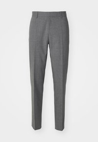 Pantaloni grigi su misura con un delicato motivo a quadri, vita piatta, due tasche frontali e design slim fit. Tessuto di consistenza liscia.