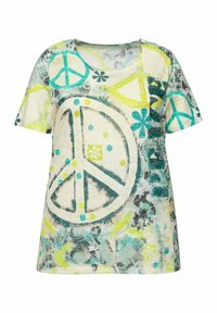 Camiseta de manga corta en tejido ligero con un diseño de símbolo de la paz multicolor, adornado con flores y patrones de puntos en turquesa y amarillo.