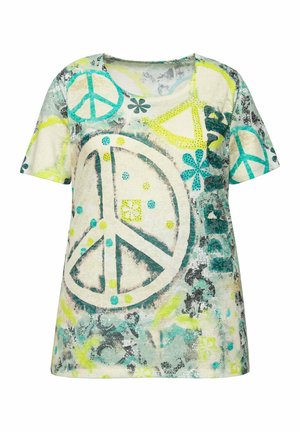 Tričko s krátkým rukávem z lehkého materiálu, které je zdobeno mnohobarevným symbolem míru s květinovými a tečkovanými vzory v tyrkysové a žluté barvě.