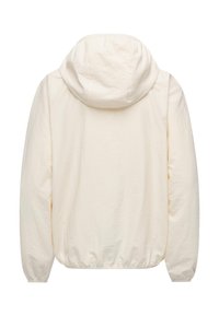 Lys beige hettejakke med et strukturert, krøllete stoff. Elastiske mansjetter og midje, med et enkelt, minimalistisk design.