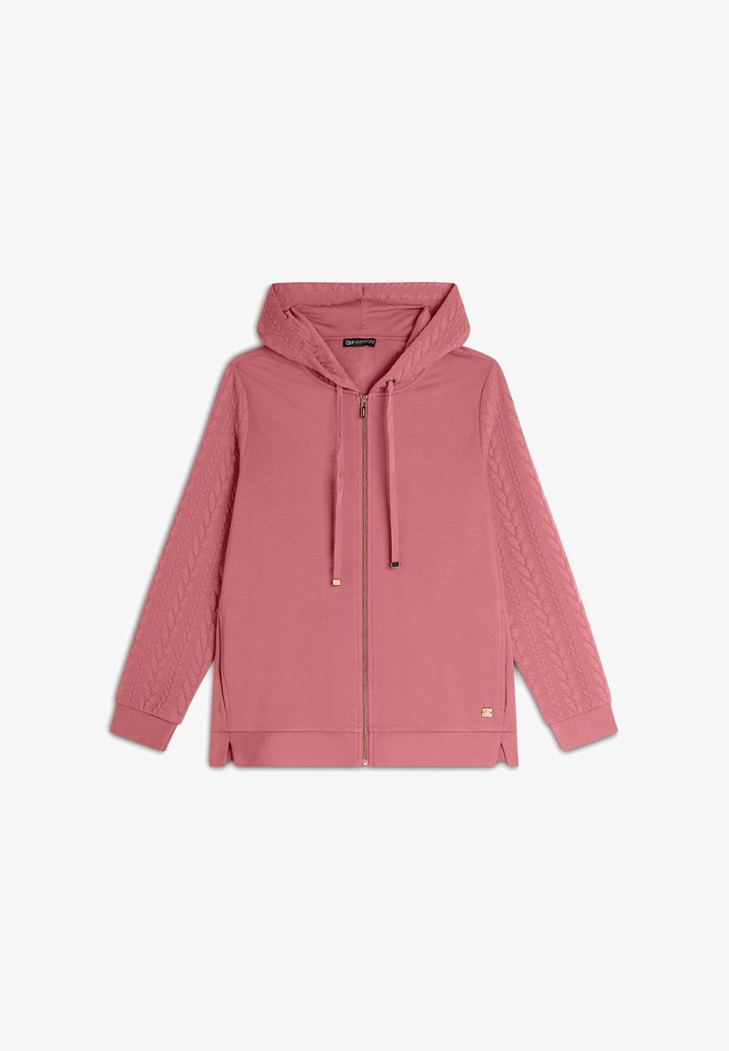 Felpa con zip rosa realizzata in morbido tessuto, con un tessuto a maglia testurizzata sulle maniche, cordini regolabili e un accento dorato sulla zip.