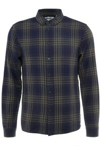 Navy ruudullinen paita, joka on valmistettu pehmeästä kankaasta ja jossa on napitus edessä, kaulus sekä pitkät hihat, joissa on nappikiinnitys.