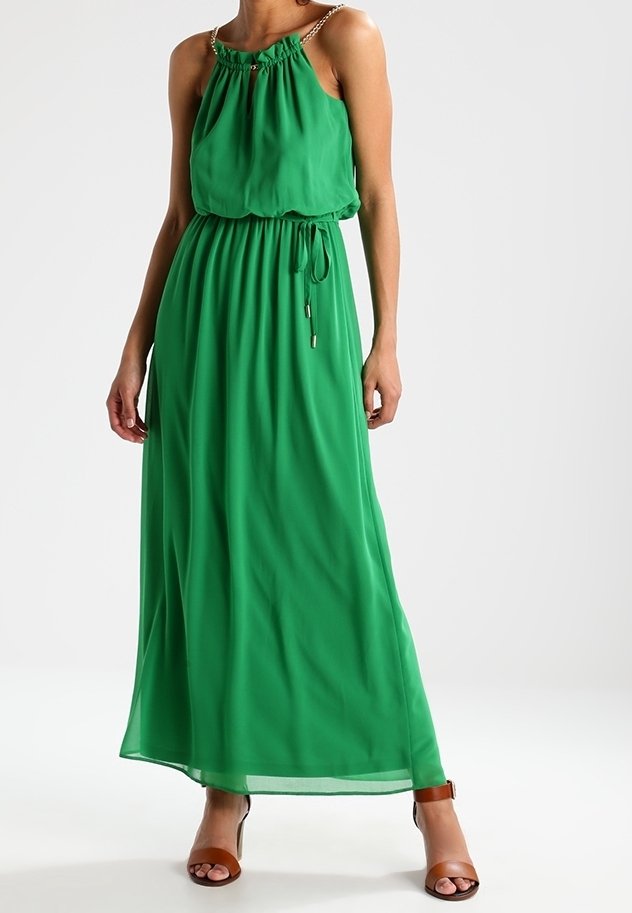 Grön maxiklänning i flödande tyg, med ett rynkat halsband, justerbar dragsko i midjan och tunna band.