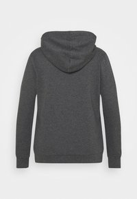 Sweat à capuche à manches longues de couleur gris foncé avec des poignets ajustés et une capuche, vu de dos sur un fond clair uni.