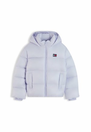 Hellviolette Steppjacke mit Kapuze, Frontreißverschluss, Seitentaschen und kleinem Tommy Hilfiger-Logo auf der Brust.