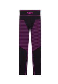Leggings neri con strisce orizzontali viola e dettagli, caratterizzati da una fascia larga con un logo. Design elastico e aderente, ideale per l'abbigliamento sportivo.