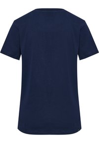 Marinblå bomulls t-shirt med rund hals och korta ärmar. Slät textur, med rak passform och utan märkbara mönster eller detaljer.