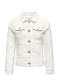 Λευκό τζιν μπουφάν με κλείσιμο με κουμπιά μπροστά, δύο τσέπες στο στήθος με καπάκι και κουμπιά, και μακριά μανίκια.