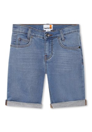 Lyseblå denimshorts med opkrogede bukseben, foran knap og lynlås, og fem-lomme design med Timberland label på indersiden af linningen.
