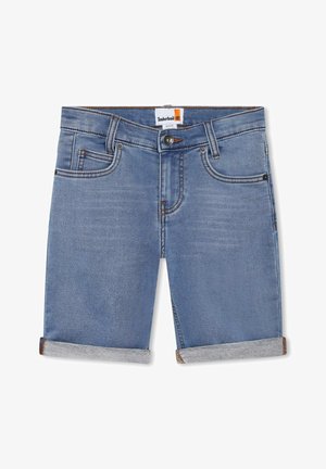 Short en denim bleu clair avec revers roulés, bouton et fermeture éclair devant, et design à cinq poches avec étiquette Timberland à l'intérieur de la ceinture.