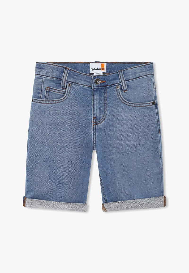 Short en denim bleu clair avec revers roulés, bouton et fermeture éclair devant, et design à cinq poches avec étiquette Timberland à l'intérieur de la ceinture.