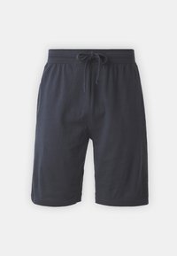 Shorts en coton bleu marine avec une taille élastique, cordon de serrage ajustable et une texture lisse. Design simple sans embellissements.