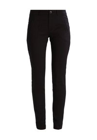 Black slim-fit pants made of textured fabric, featuring front pockets and a top button closure. Smooth finish with subtle stitching details.